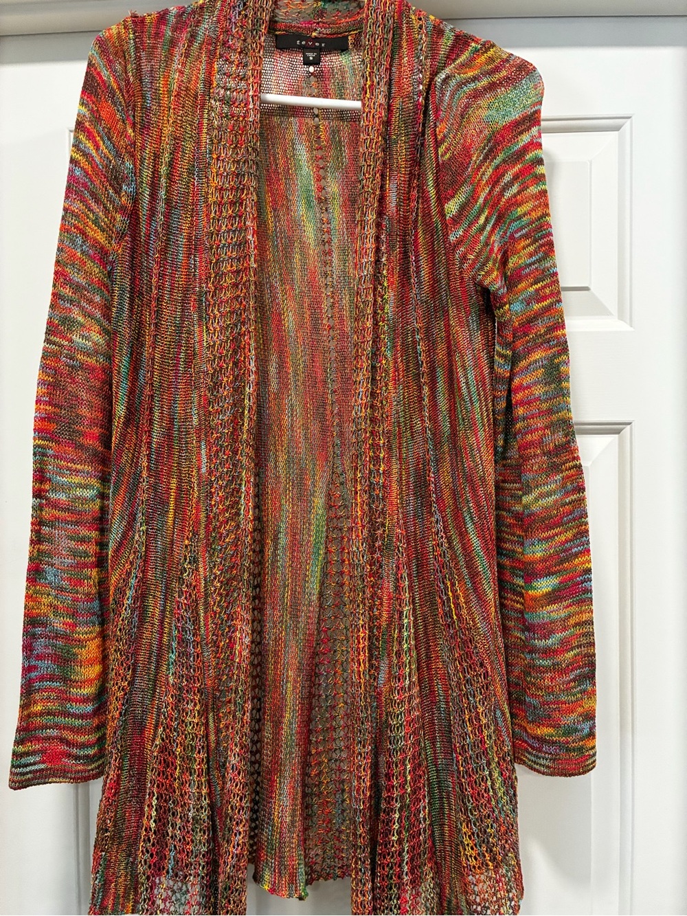 Fever Multicolor Open-Front Knit Cardigan — Red, Orange, Green, Blue